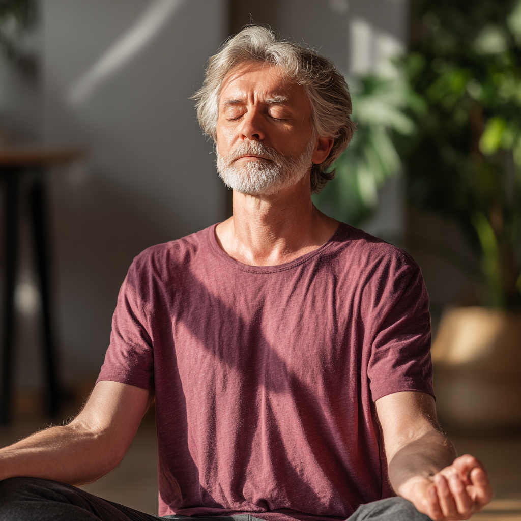 Middle-aged man practicing mindfulness and physical discipline